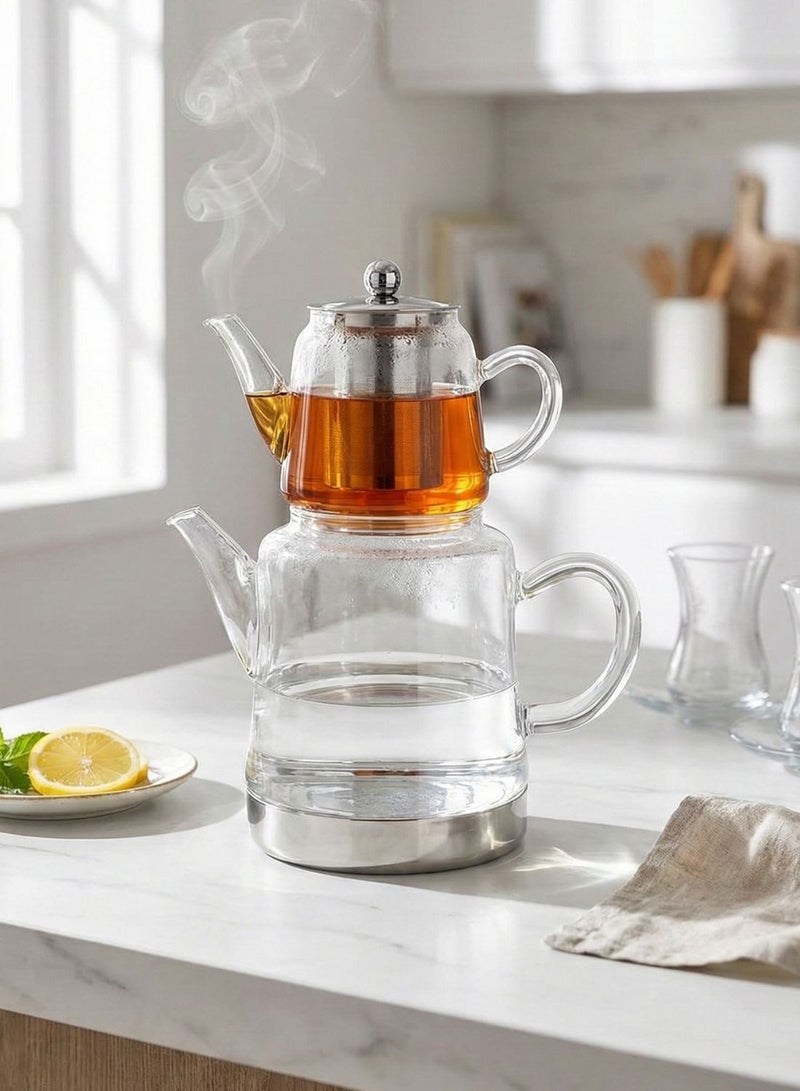 1 تشيس طقم إبريق شاي تركي من زجاج البوروسيليكات، سعة 450 مل، وغلاية سعة 1500 مل - Image 1